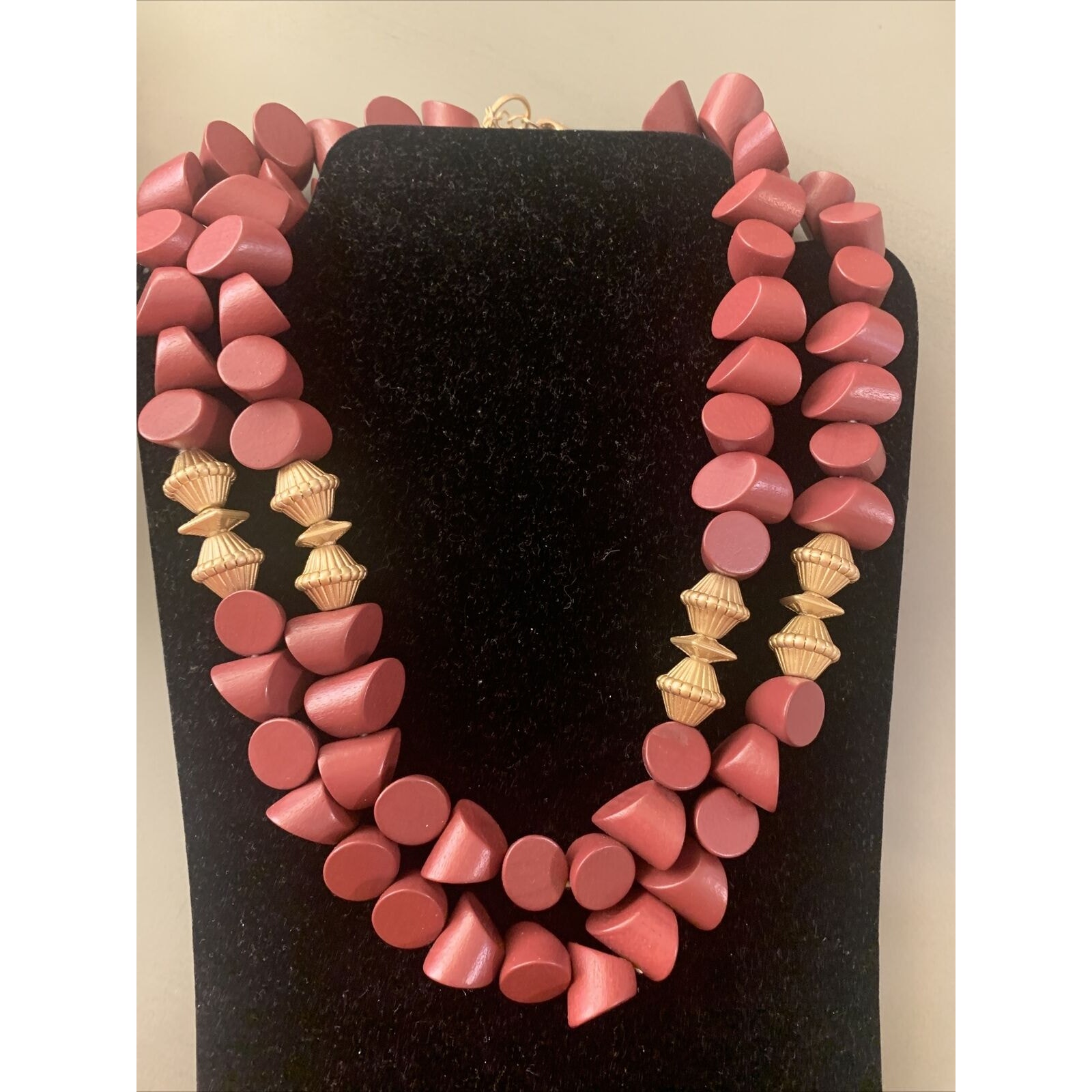Plunder Design Burgundy Necklace Wood Gold Beads Statement